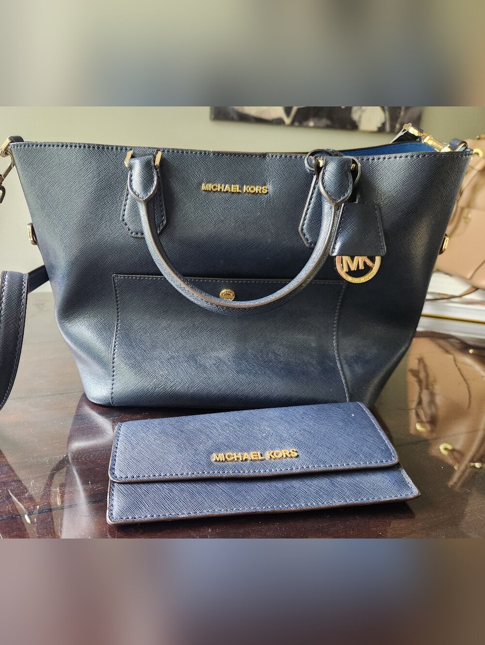 Michael Kors Navy Saffiano Tote with Matching Wallet and Gold Hardware Blue